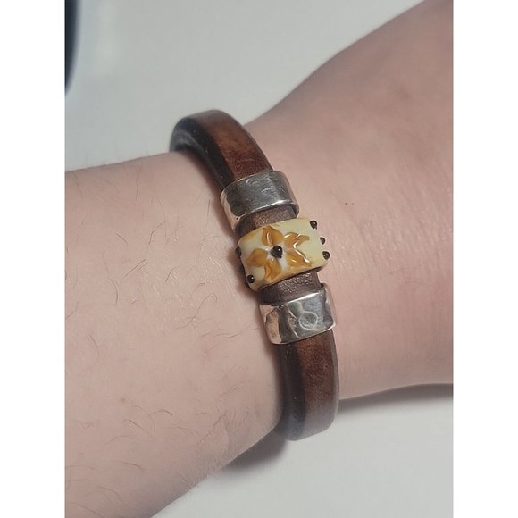Sterling Silver Lampwork Glass Brown Eyed Susan 925 Leather Hippie Bracelet Gift - Picture 4 of 8